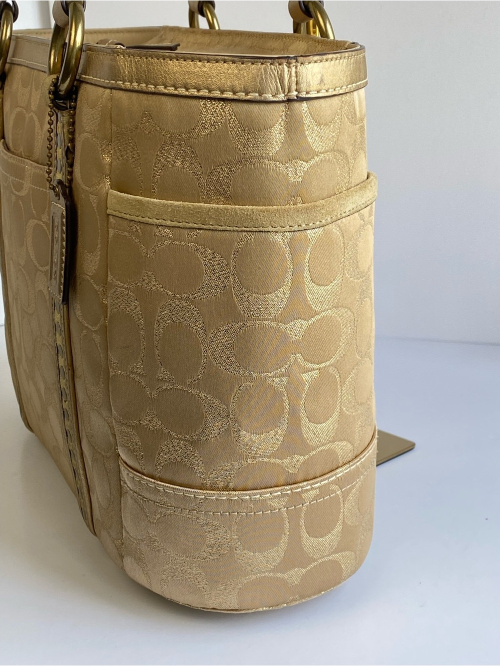Coach Studded Signature Jacquard Gold Metallic Signature Tote with Suede Trim - Picture 8 of 17